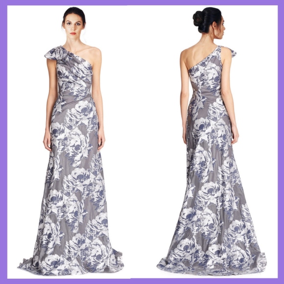 NWT $1,060 Pamella, Pamella Roland One-Shoulder Fil Coupe Gown‎ Grey [SZ 4 ] - Picture 7 of 9